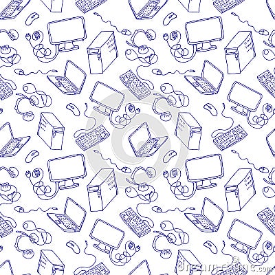 A vector seamless pattern of hand drawn doodles of electronic gadgets. Computer Vector Illustration